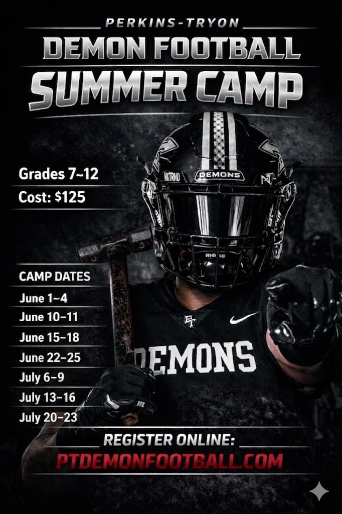 Perkins-Tryon Demon Football Summer Camp flyer